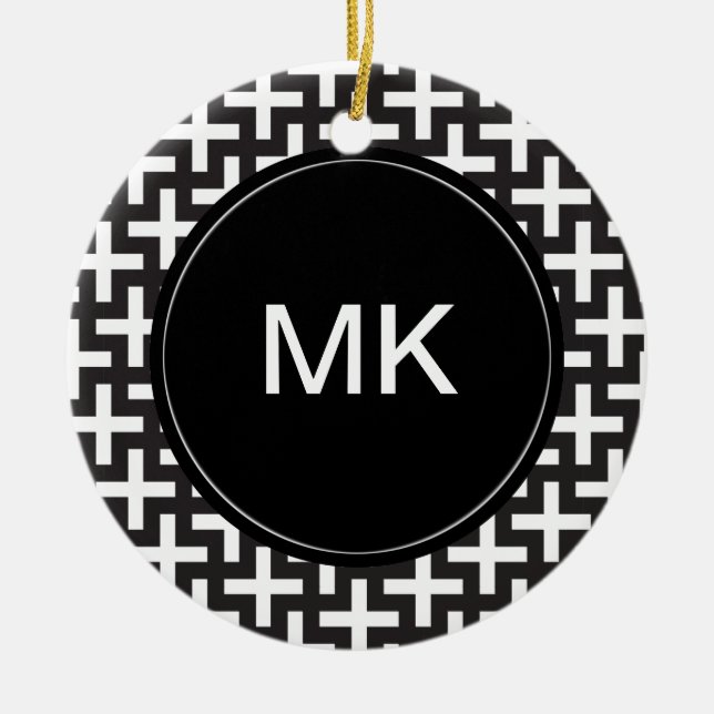 Black and White Geometric Ceramic Tree Decoration (Front)
