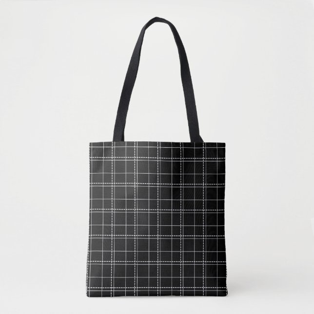 Black and White Geometric Check Plaid Pattern Tote Bag (Front)