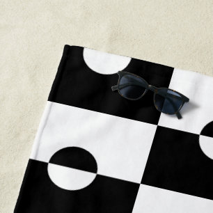 Black and White Geometric Circle Square Pattern Beach Towel