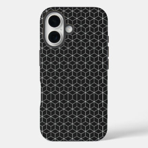  Black and White Geometric Cube Pattern iPhone 16 Case
