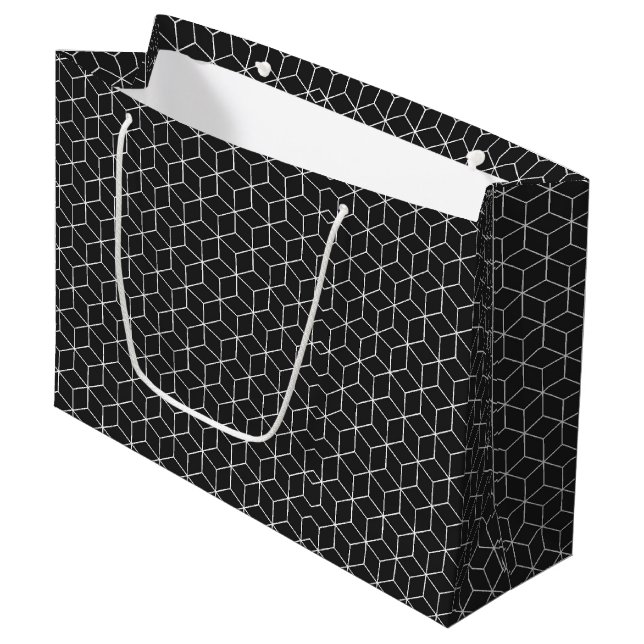  Black and White Geometric Cube Pattern Large Gift Bag (Front Angled)