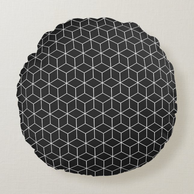  Black and White Geometric Cube Pattern Round Cushion (Front)