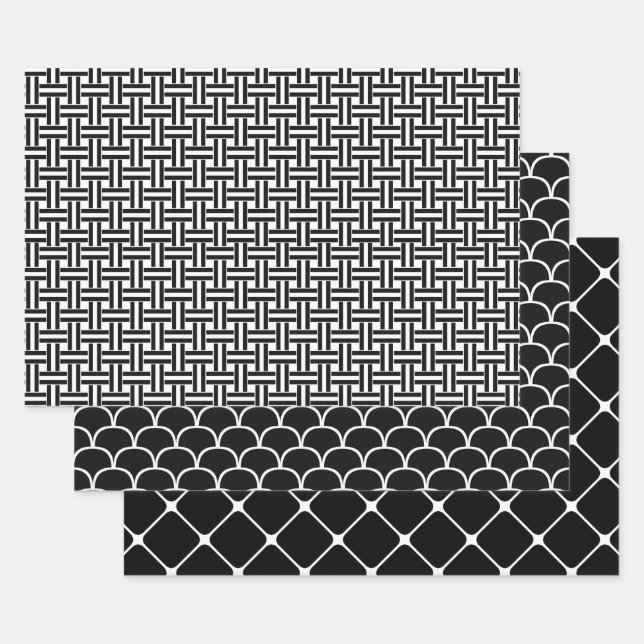 Black and White Geometric Designs Wrapping Paper Sheet (Set)