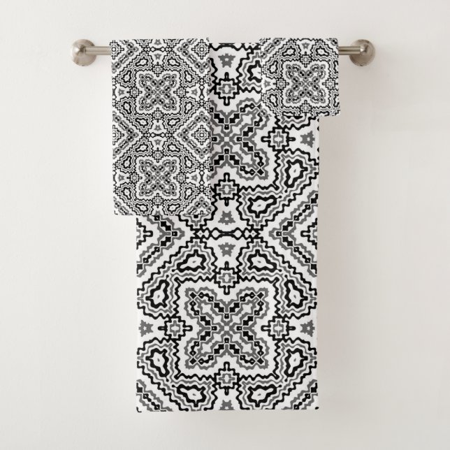  black and white geometric ethnic pattern ornament bath towel set (Insitu)
