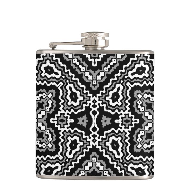  black and white geometric ethnic pattern ornament hip flask (Front)