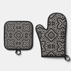 black and white geometric ethnic pattern ornament oven mitt & pot holder set