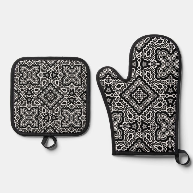  black and white geometric ethnic pattern ornament oven mitt & pot holder set (Front)