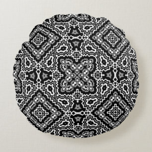 black and white geometric ethnic pattern ornament round cushion