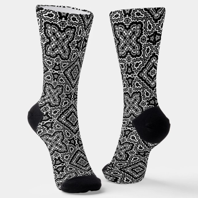  black and white geometric ethnic pattern ornament socks (Angled)
