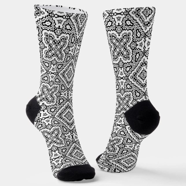  black and white geometric ethnic pattern ornament socks (Angled)