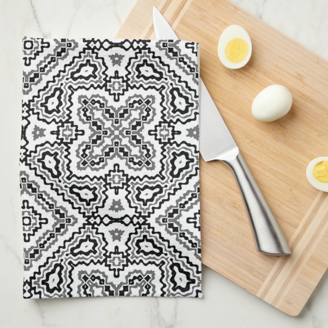  black and white geometric ethnic pattern ornament tea towel (Quarter Fold)