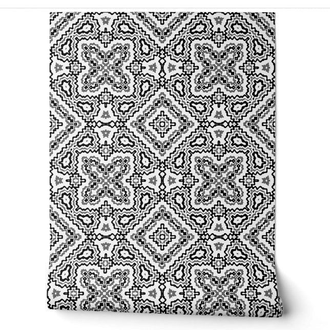  black and white geometric ethnic pattern ornament wallpaper (Unrolling)