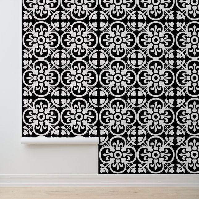 Black And White Geometric Fleur Du Lys Wallpaper (Application)