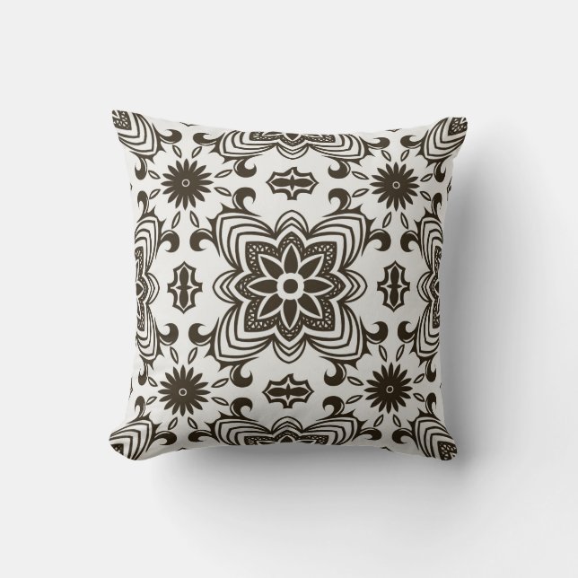 Black and White Geometric Floral Pattern Cushion (Front)