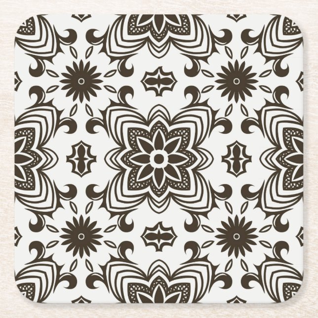 Black and White Geometric Floral Pattern Square Paper Coaster (Front)