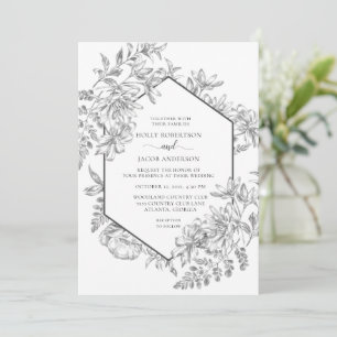 Black and White Geometric Floral Wedding  Invitation