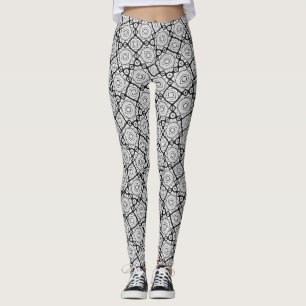 Black and White Geometric Grid Leggings - Moroccan