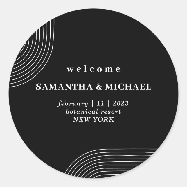 Black and White Geometric LineArt Welcome Wedding Classic Round Sticker (Front)