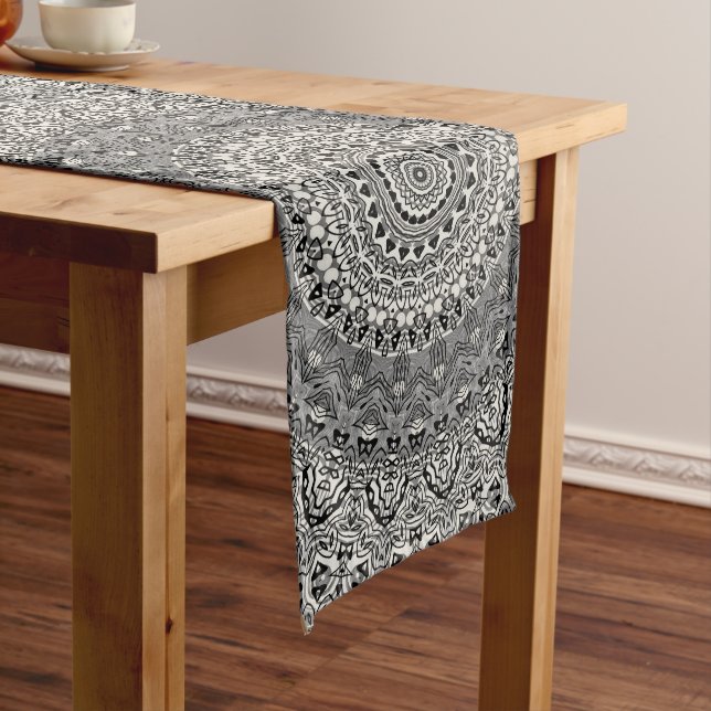 Black and White Geometric Mandala Pattern Long Table Runner (In Situ)