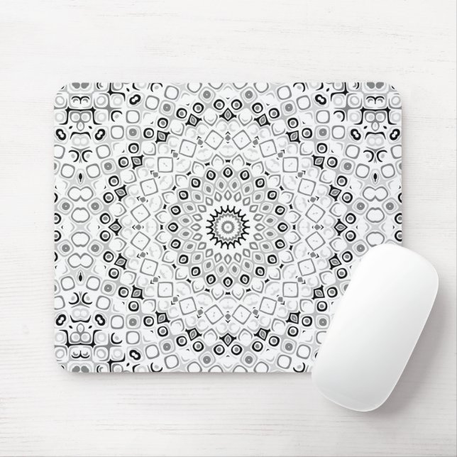 Black and White Geometric Mandala Pattern Mouse Mat (With Mouse)