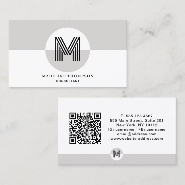 Black and White Geometric Modern Monogram QR Code Business Card (Front/Back)