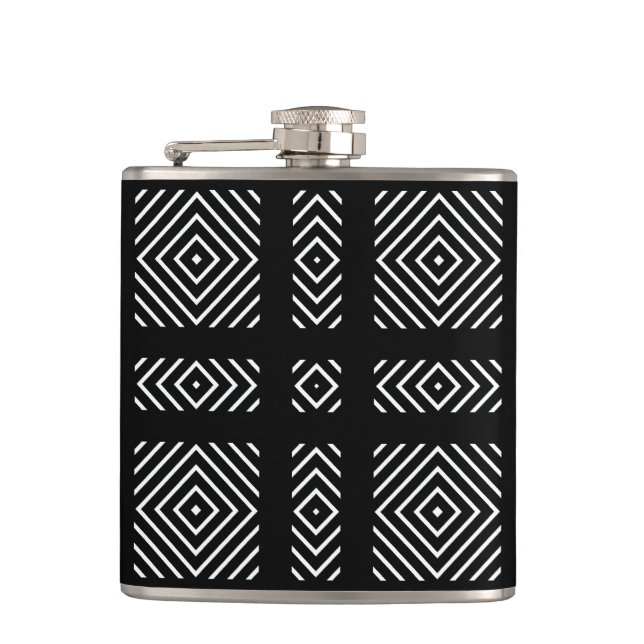Black and white geometric pattern Ama Hip Flask (Front)