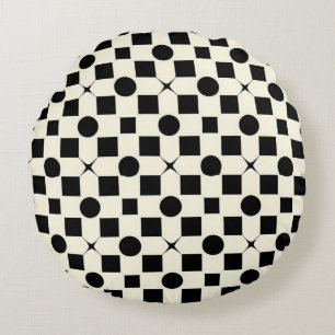 Black and White Geometric Pattern with Circles Round Cushion