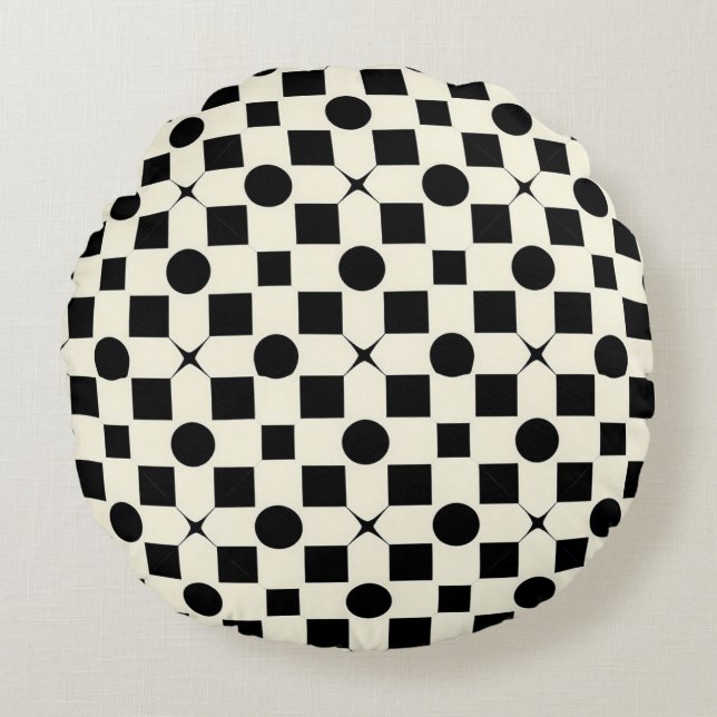 Black and White Geometric Pattern with Circles Round Cushion (Front)
