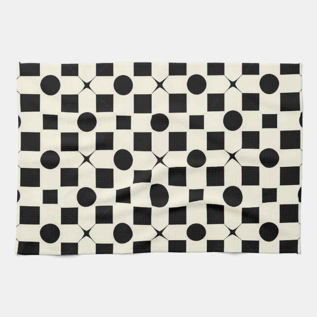 Black and White Geometric Pattern with Circles Tea Towel (Horizontal)