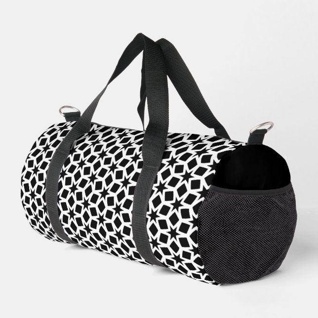 Black and White Geometric Star Pattern    Duffle Bag (Right Corner)