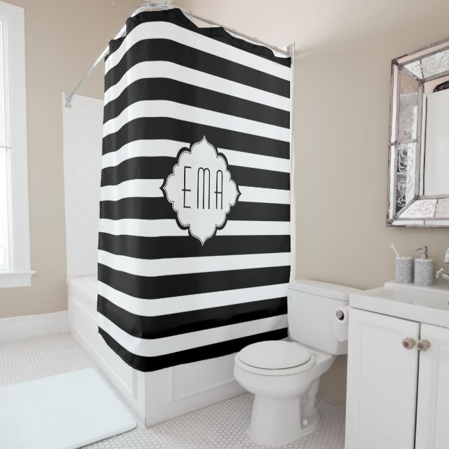 Black And White Geometric Stripes Shower Curtain (In Situ)