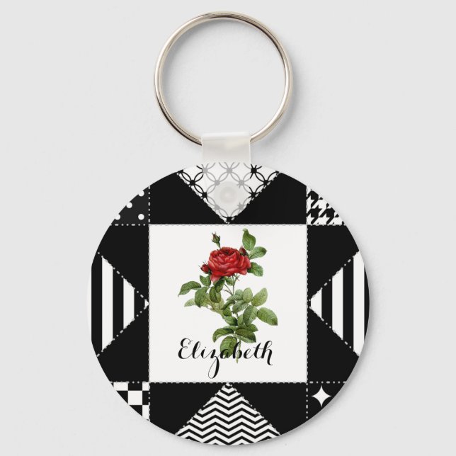 Black and White Geometric With Red Rose and Name Key Ring (Front)