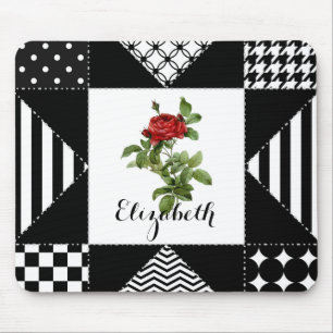 Black and White Geometric With Red Rose and Name Mouse Mat