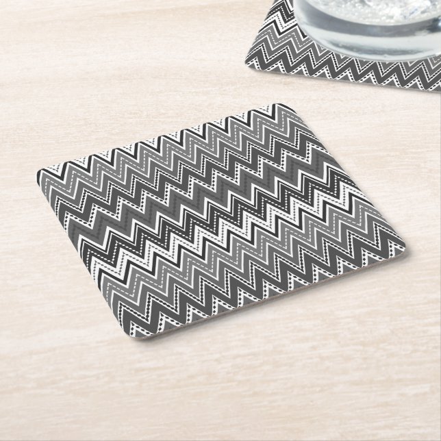 Black and white geometric zigzag pattern square paper coaster (Angled)