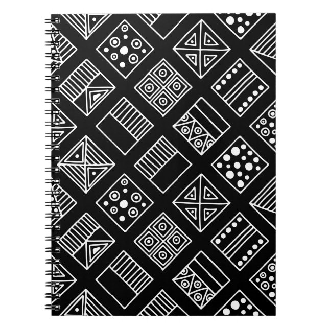 Black and white geometrical background with hand d notebook (Front)