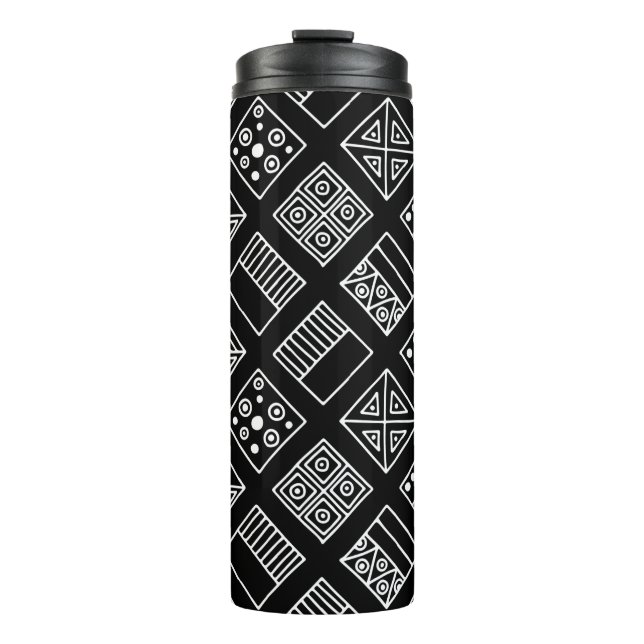 Black and white geometrical background with hand d thermal tumbler (Front)