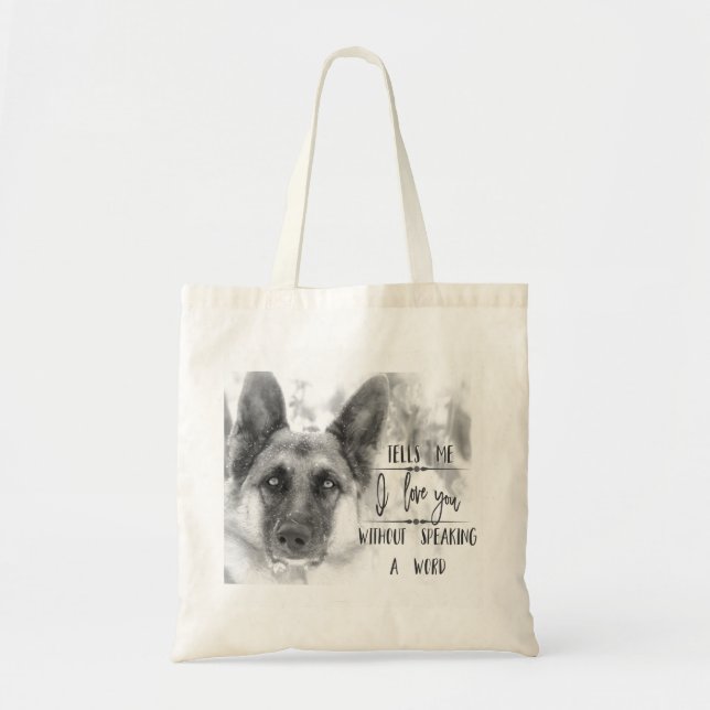 Black and White German Shepherd Typography Tote Bag (Front)