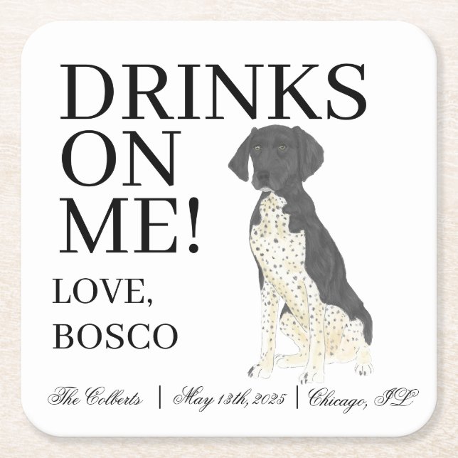 Black and White German Shorthaired Pointer Wedding Square Paper Coaster (Front)