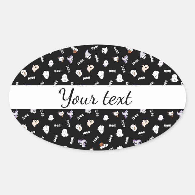 Black and White Ghost and Boo Pattern Oval Sticker (Front)