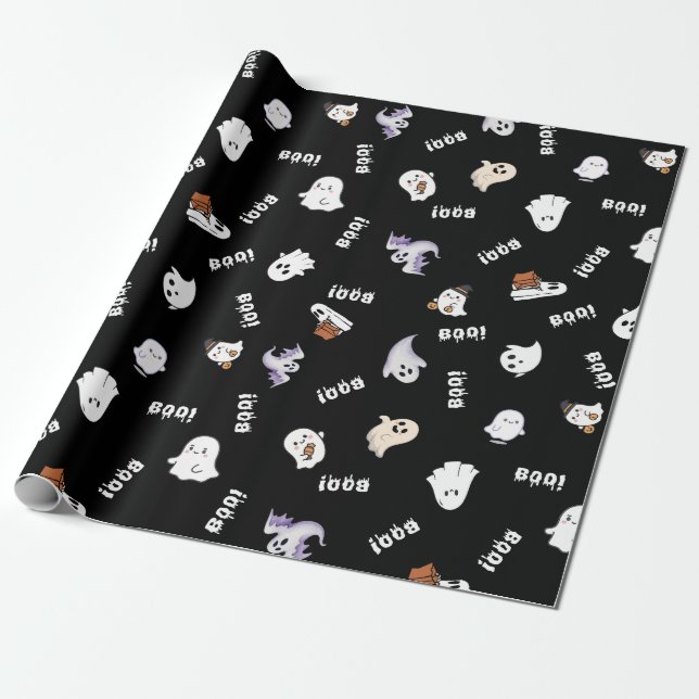 Black and White Ghost and Boo Seamless Pattern. Wrapping Paper (Unrolled)