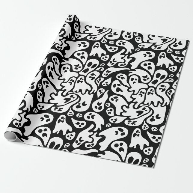 Black And White Ghost Pattern Wrapping Paper (Unrolled)