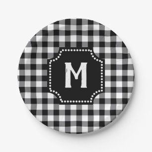 Black And White Gingham Buffalo Check Monogram Paper Plate