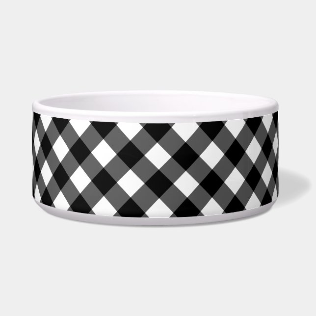 Black and White Gingham Check ceramic pet bowl  (Front)