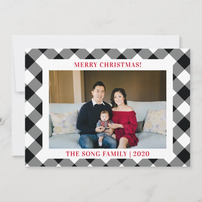 Black and White Gingham Check Plaid Photo Holiday Card (Front)
