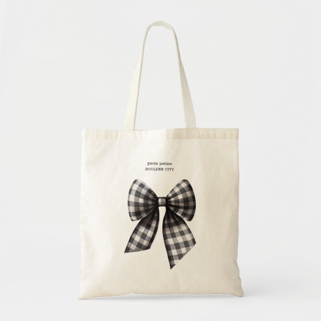 Black and White Gingham Checked Bow Tote Bag (Front)