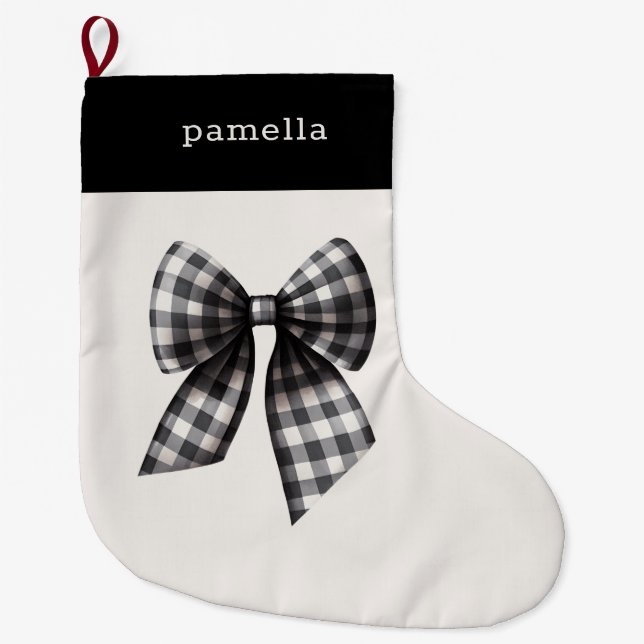 Black and White Gingham Checked Large Christmas Stocking (Front)