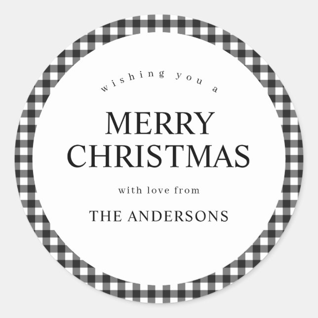 Black and White Gingham Christmas Classic Round Sticker (Front)