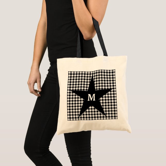 Black and White Gingham Customise Monogram Star Tote Bag (Front (Product))