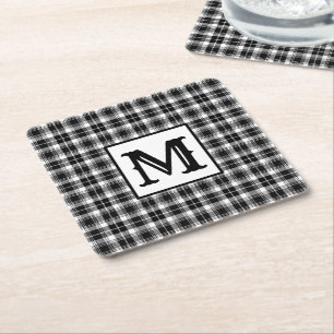 Black and white Gingham Monogram Square Paper Coaster
