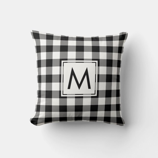 Black and White Gingham Pattern, Custom Monogram Cushion (Front)